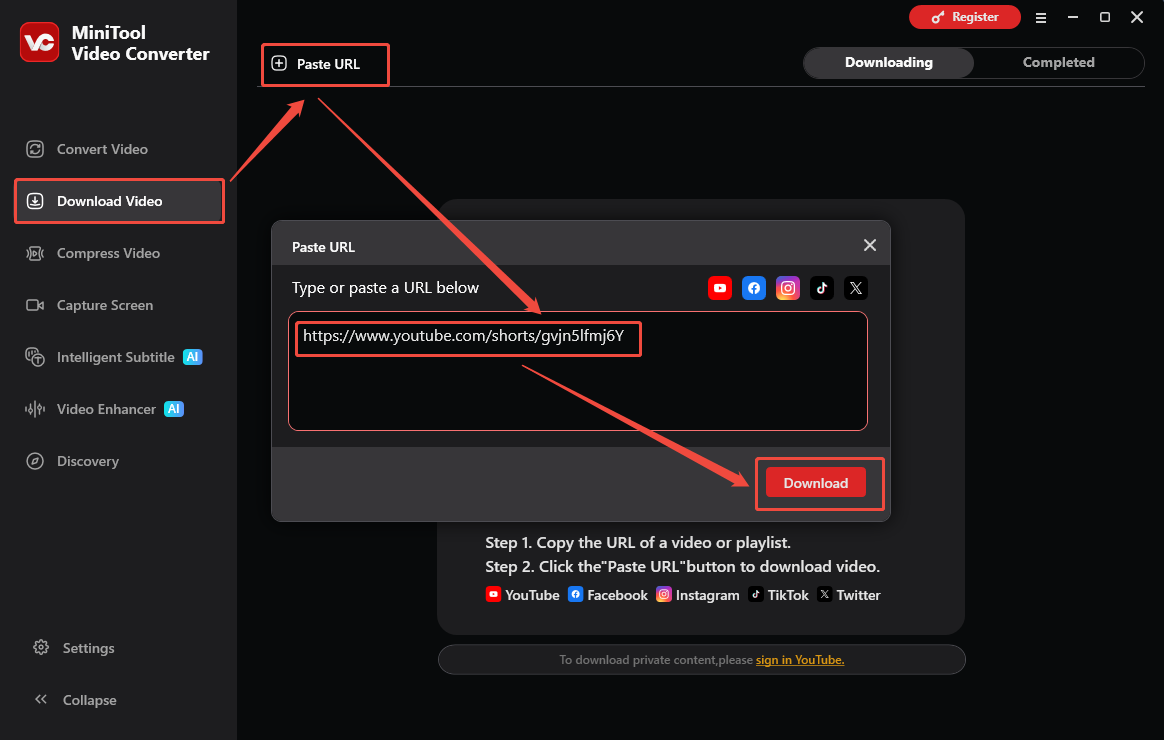 The Download Video interface of MiniTool Video Converter that shows how to analyze the YouTube.