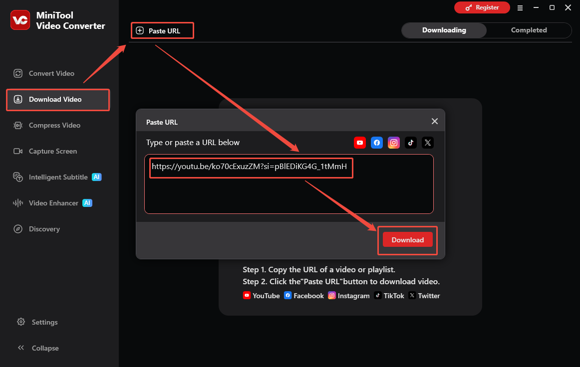 The Download Video interface of MiniTool Video Converter that shows how to analyze the YouTube URL.