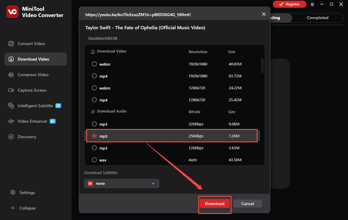 The Download Video interface of MiniTool Video Converter with the Download option selected to start the download process.