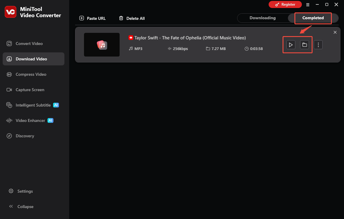 The Download Video interface of MiniTool Video Converter with the Play and Folder icons selected to check the output file.