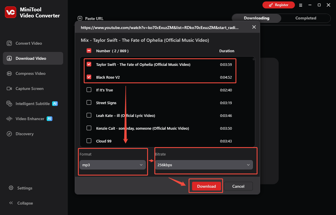 The Download Video interface of MinITool Video Converter that shows how to start the download.