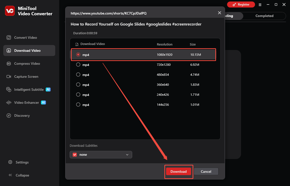 The Download Video interface of MiniTool Video Converter with the Download option selected to start the download process.