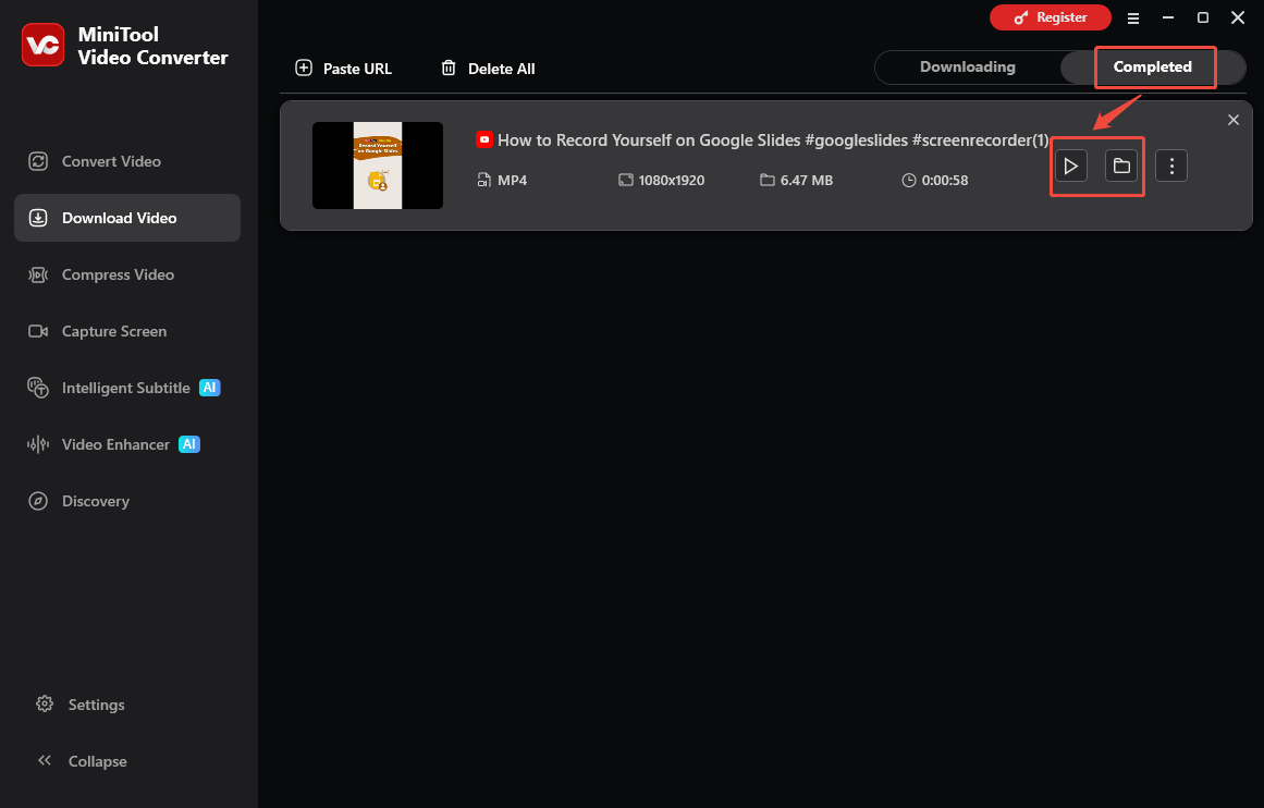 The Download Video interface of MiniTool Video Converter with the Play and Folder icons selected to check the output file.