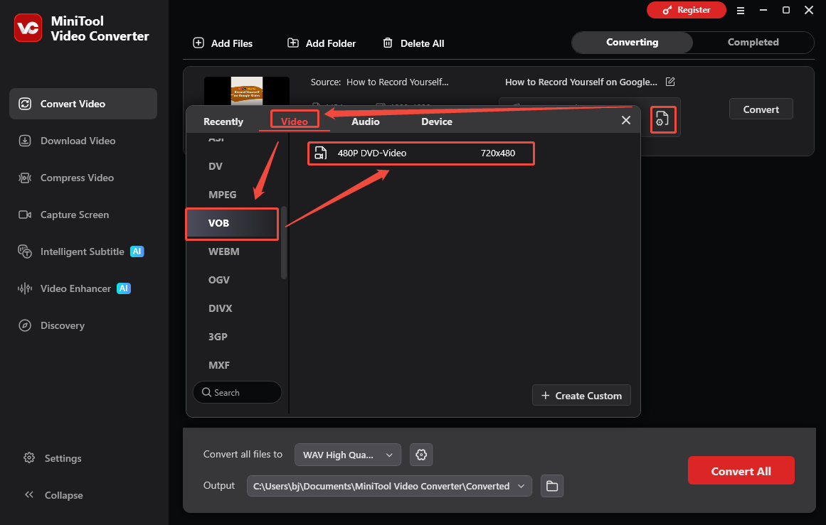 The Convert Video interface of MiniTool Video Converter that shows how to set M4V as the output format.