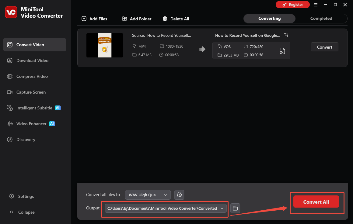 The Convert Video interface of MiniTool Video Converter that shows how to set an output folder and start the conversion.
