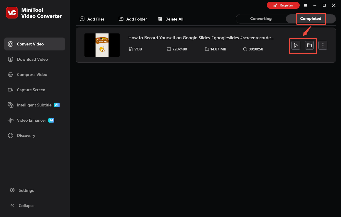 The Convert Video interface of MiniTool Video Converter that shows how to check the output video.