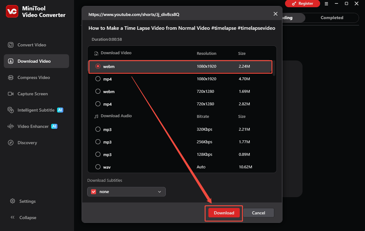 The Download Video interface of MiniTool Video Converter that shows how to set the output format and start the download.