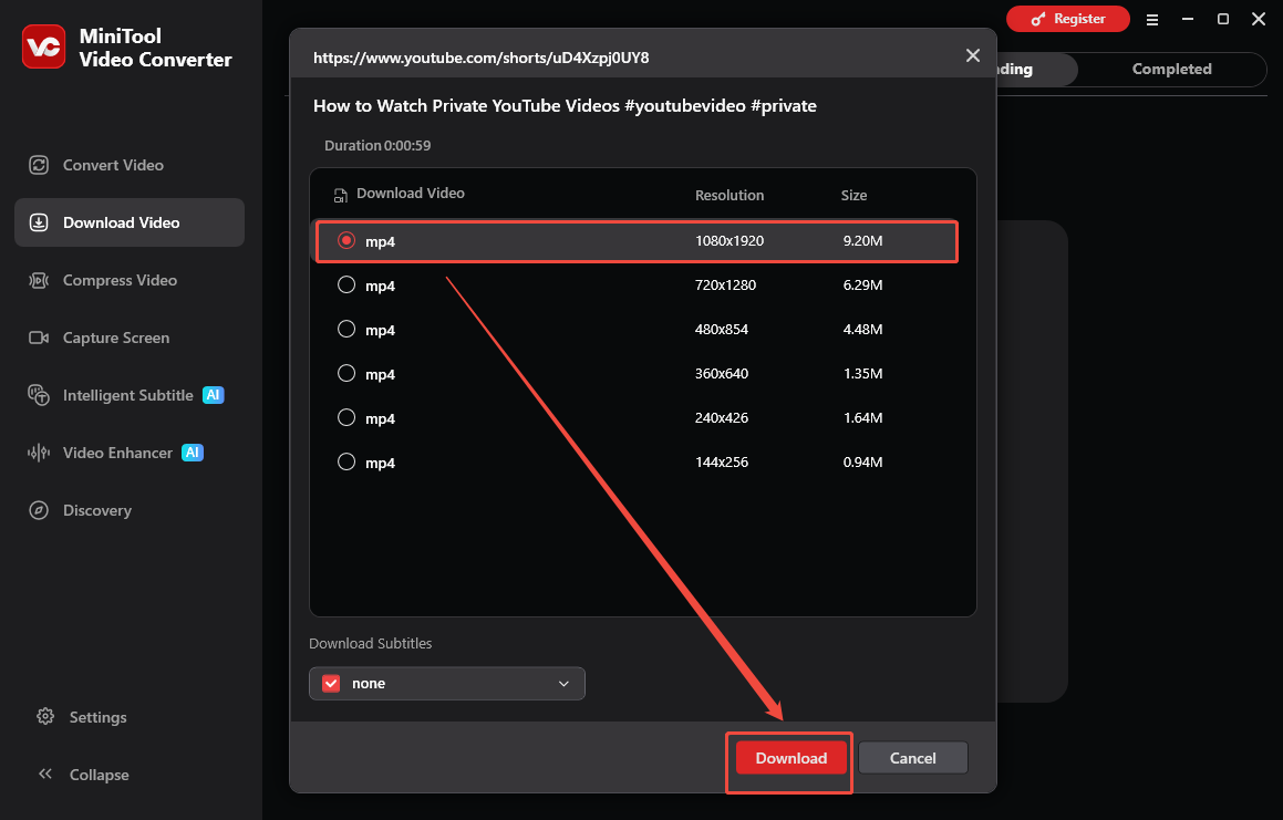 The Download Video interface of MiniTool Video Converter with the Download option selected to start the download process.