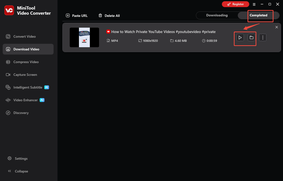 The Download Video interface of MiniTool Video Converter with the Play and Folder icons selected to check the output file.