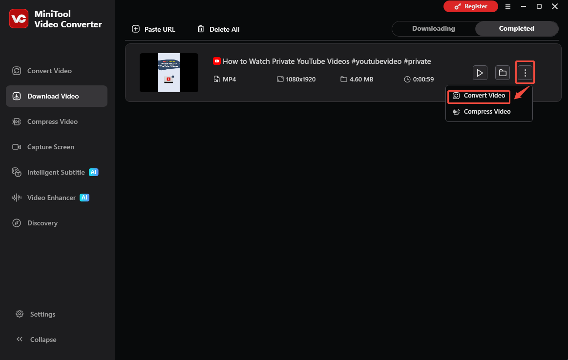 The Download Video interface of MiniTool Video Converter that shows how to import the YouTube file.