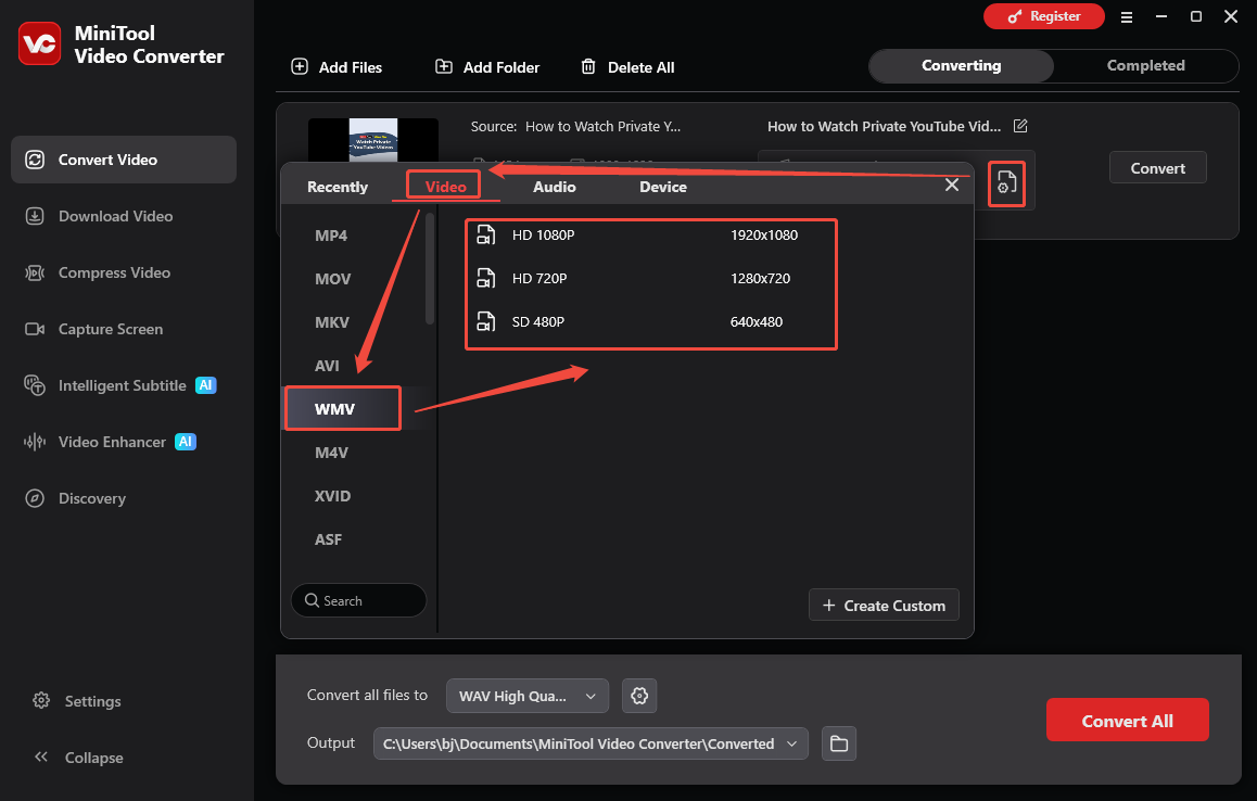 The Convert Video interface of MiniTool Video Converter that shows how to set DIVX as the output format.