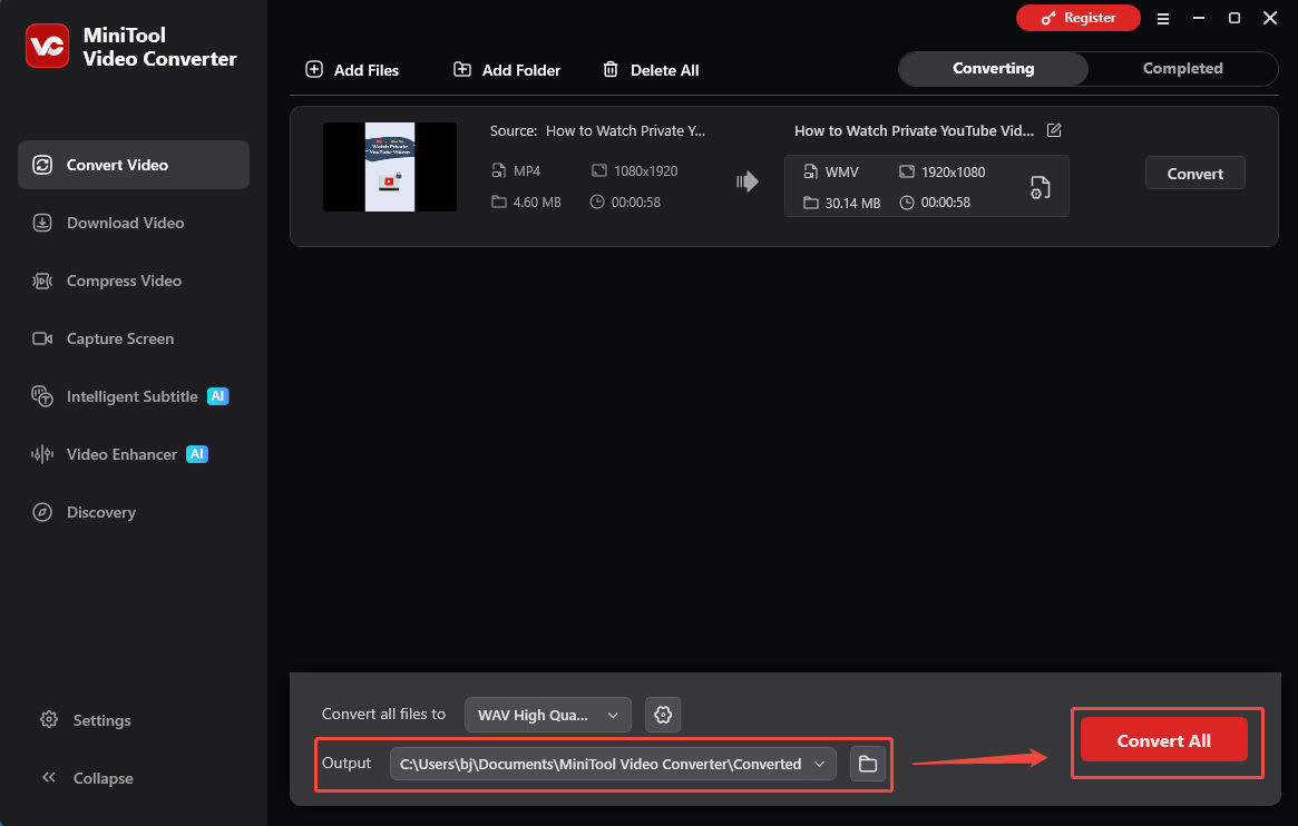 The Convert Video interface of MiniTool Video Converter that shows how to set an output folder and start the conversion.