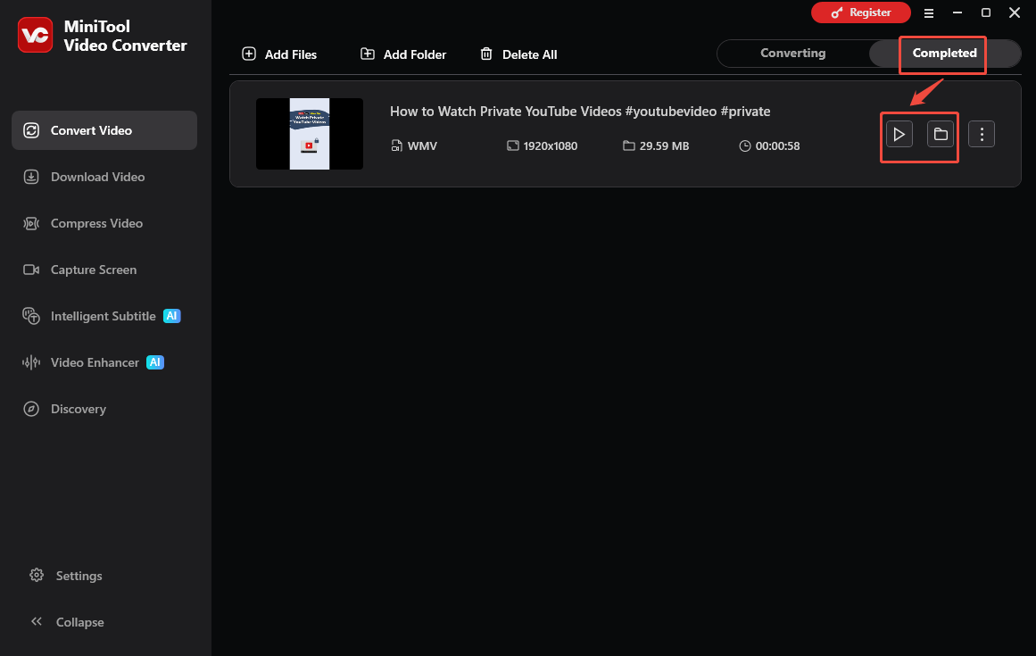 The Convert Video interface of MiniTool Video Converter that shows how to check the output video.