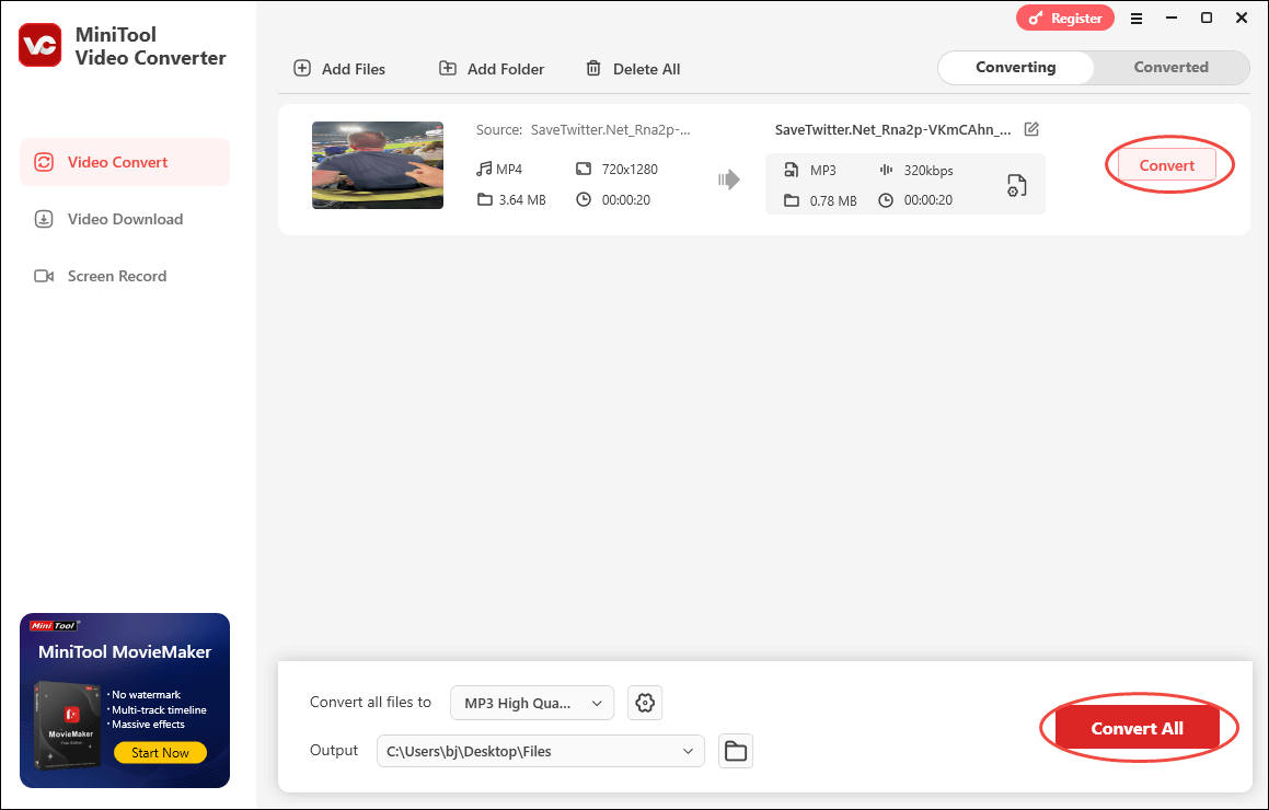 MiniTool Video Converter video conversion interface with the Convert and Convert All options selected.