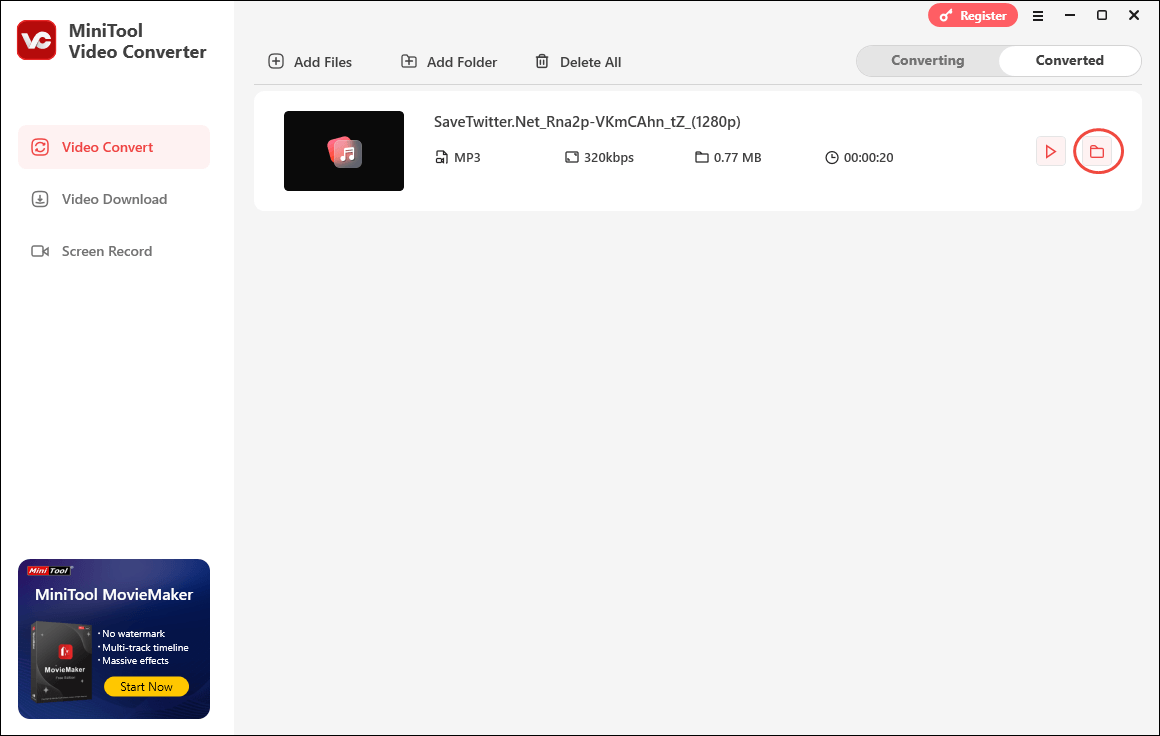 MiniTool Video Converter interface showing how to check the converted file under the Completed tab.