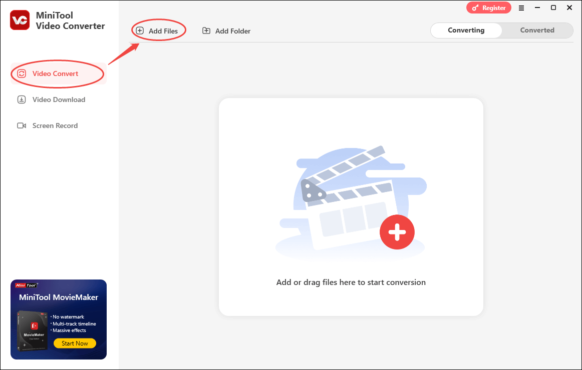 MiniTool Video Converter interface showing how to import a video under the Convert Video tab.