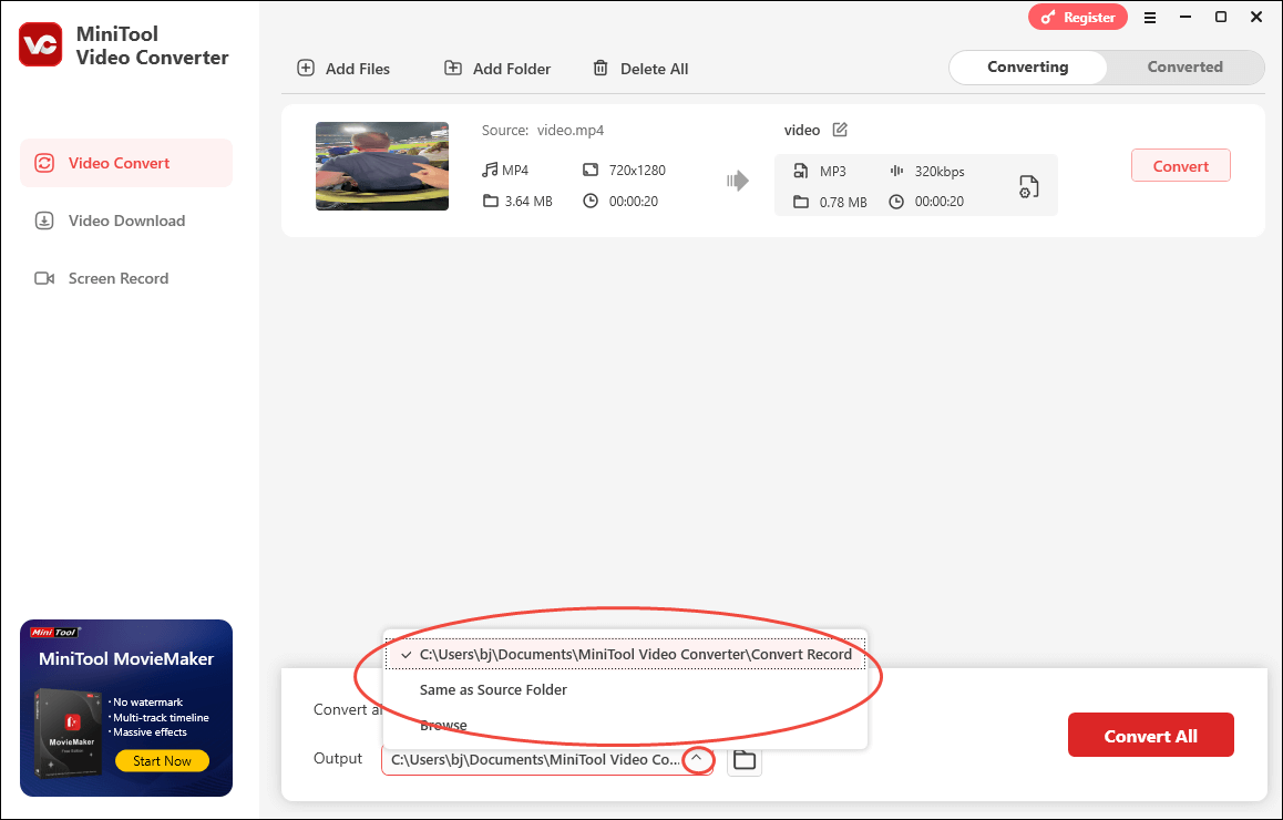 Alt=MiniTool Video Converter video conversion interface with the file save location option expanded.