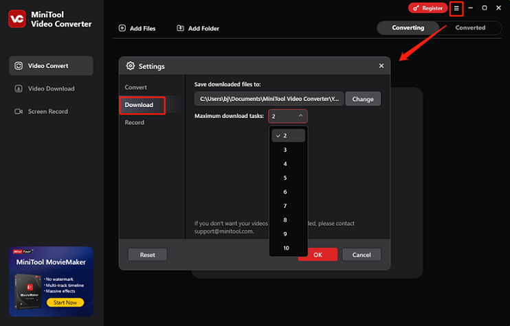 MiniTool Video Converter interface showing how to set the maximum download tasks.
