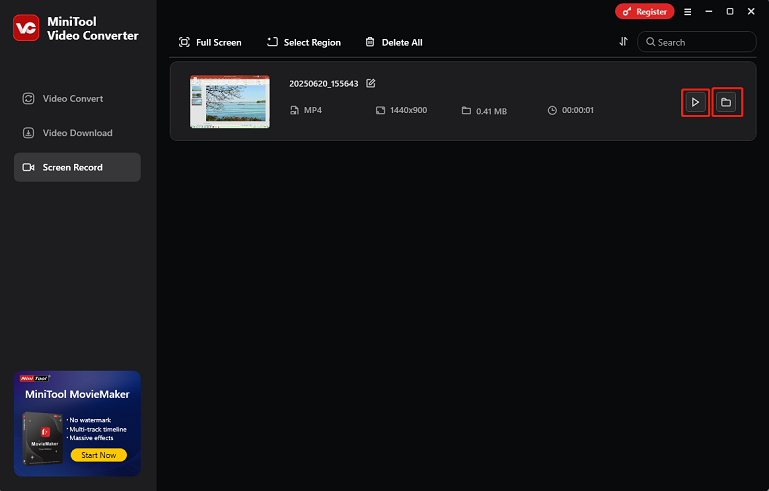MiniTool Video Converter screen recorder with the Play and Folder icons selected under the Screen Recorder section.