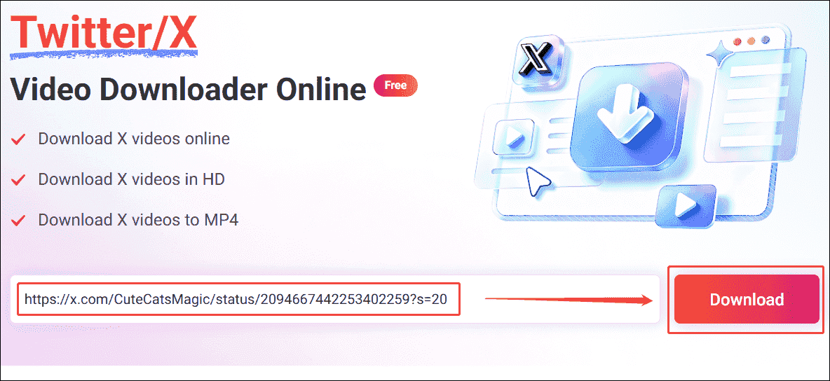 Online Video Downloader interface showing how to parse the Twitter video link.