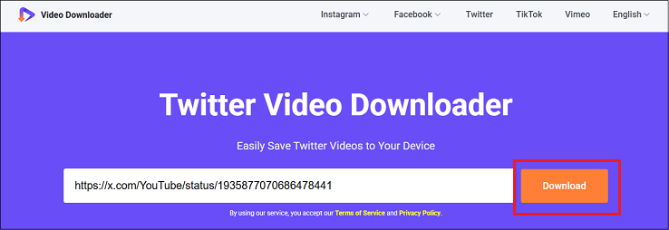 viddown.net Twitter Video Downloader interface with the Download option selected.