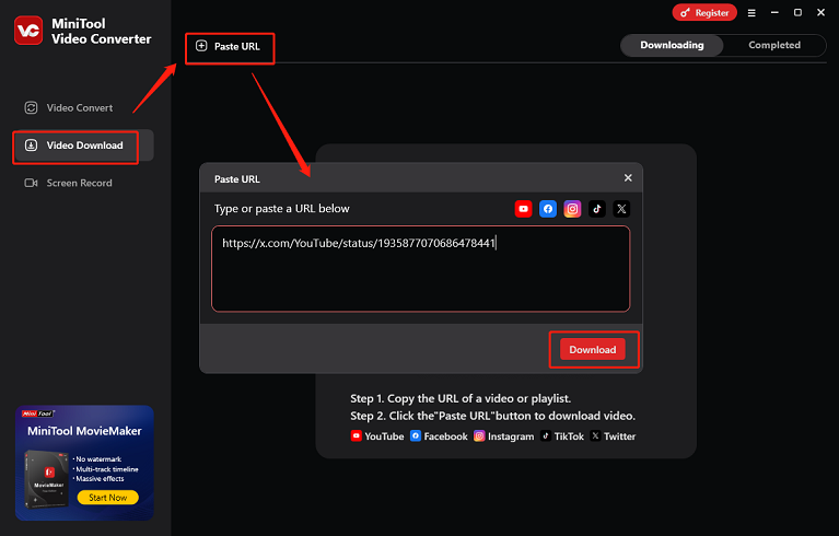MiniTool Video Converter interface showing how to analyze a Twitter video link.