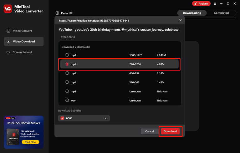 MiniTool Video Converter interface showing how to choose a video download resolution.