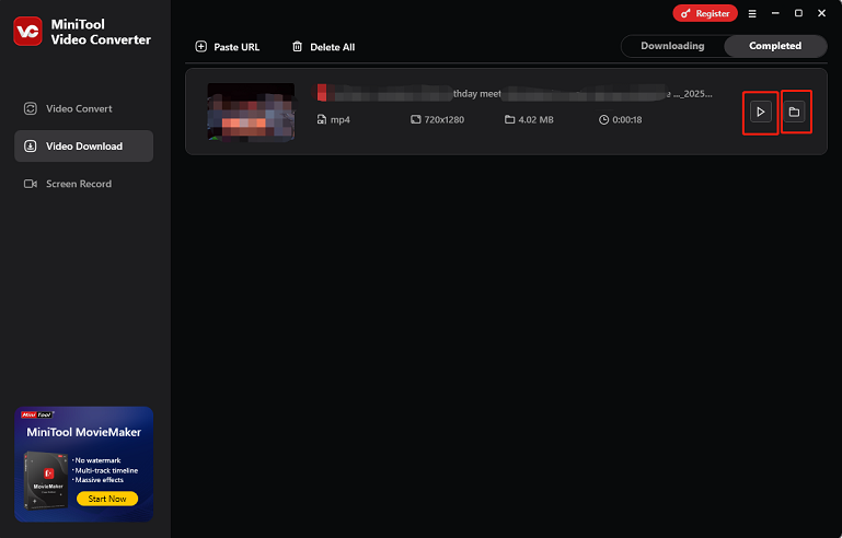 MiniTool Video Converter interface with the Play and Folder icons selected under the Video Download section.