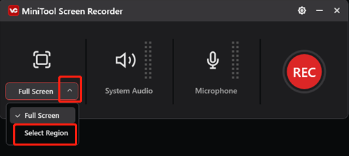 MiniTool Video Converter screen recorder interface with the recording area option expanded.