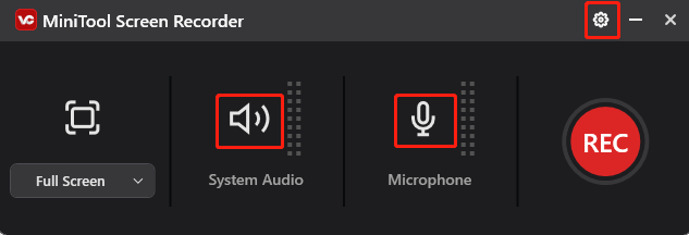 MiniTool Video Converter screen recorder interface with the System Audio and Microphone icons selected.