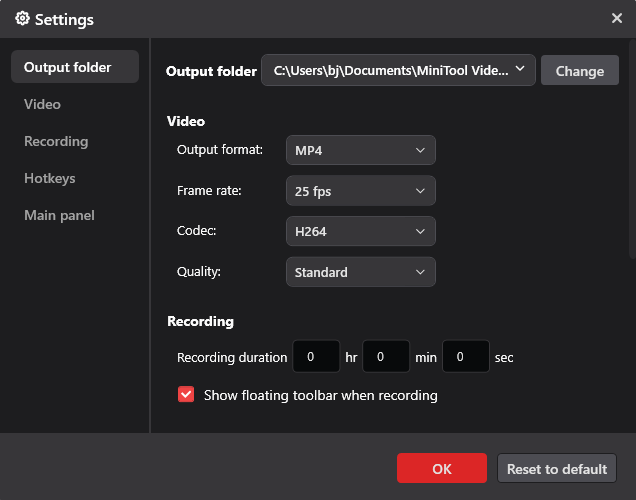 MiniTool Video Converter screen recorder shows its Settings interface.
