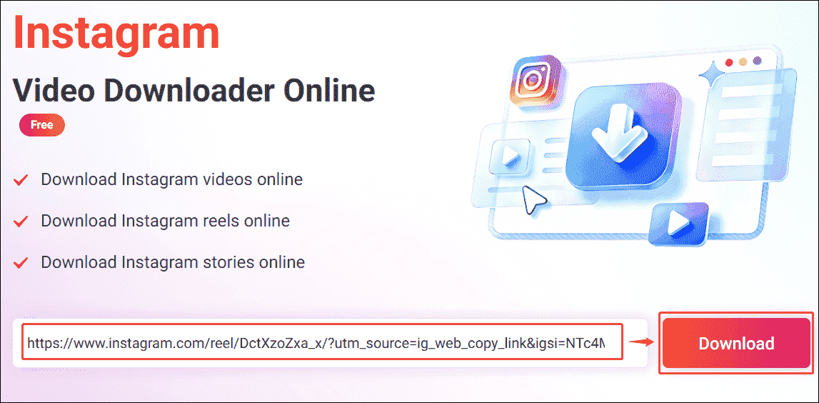 Online Video Downloader interface that shows how to analyze the Instagram URL.