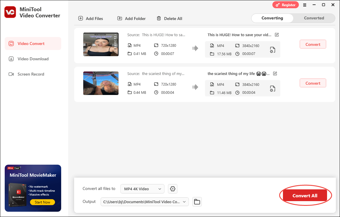 MiniTool Video Converter interface with the Convert All option selected.