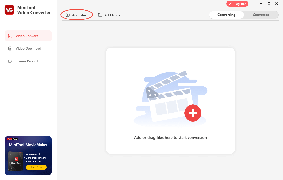 MiniTool Video Converter interface with the Add Files option selected under the Video Convert section.