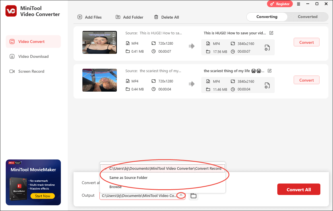 MiniTool Video Converter interface with the file save location option expanded.