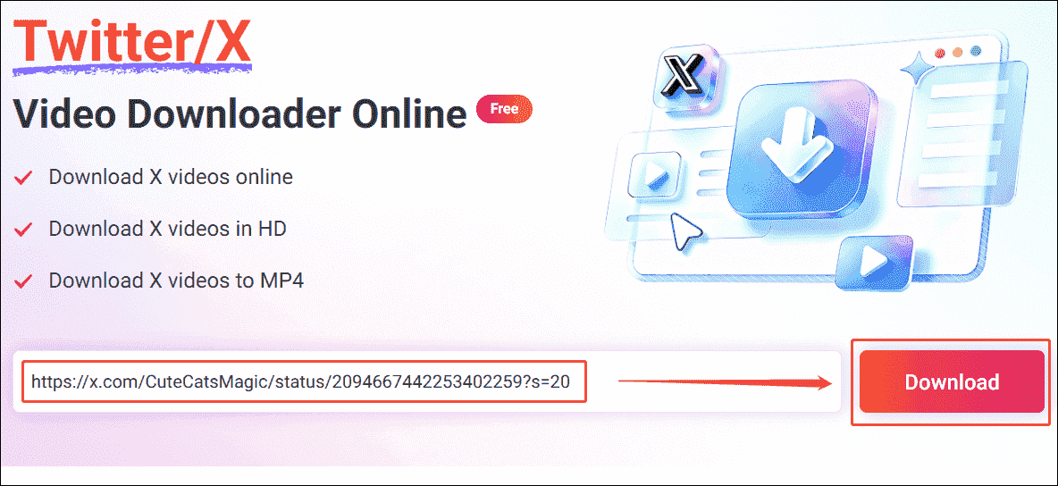 Online Video Downloader interface showing how to analyze the Twitter video link.