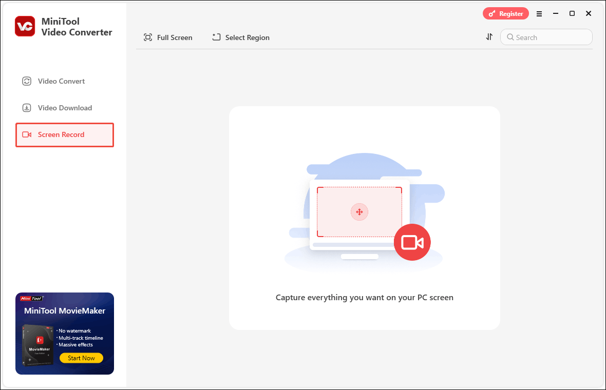 MiniTool Video Converter interface with the Screen Record option selected.