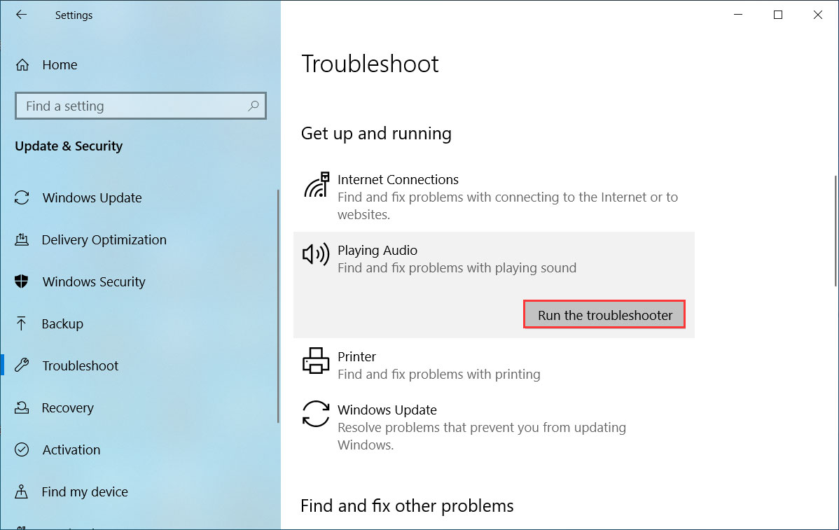 Windows troubleshoot settings page with the Run the troubleshooter button selected.