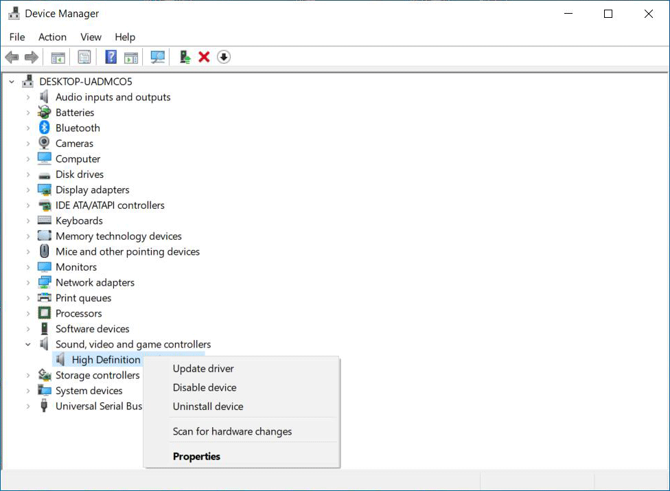Windows Device Manager window with the right click menu expanded for the High Definition Audio device.