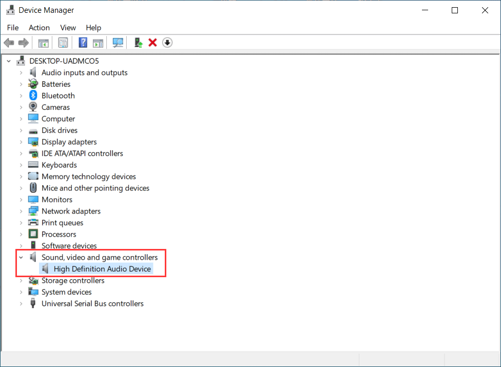 Windows Device Manager interface with the Sound video and game controllers category and its expand item selected.