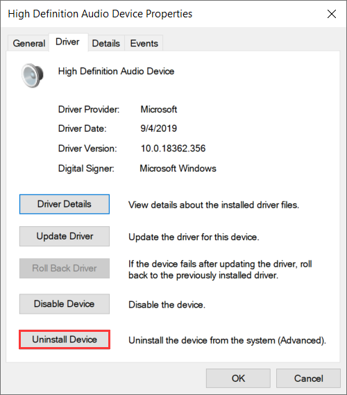 Windows High Definition Audio Device Properties UI with the Uninstall Device button selected under the Driver tab.