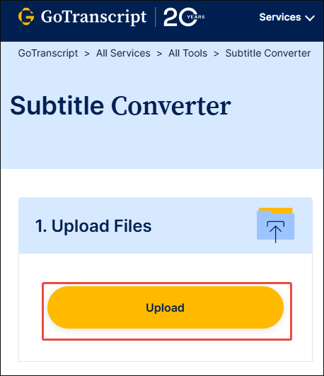 GoTranscriptで字幕ファイルをアップロードする画面