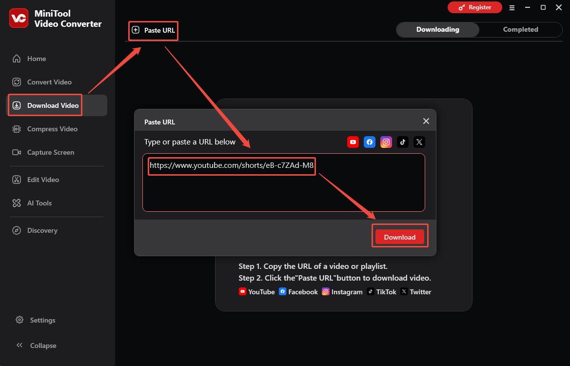 MiniTool Video Converter Download Video interface showing how to analyze the YouTube video URL.