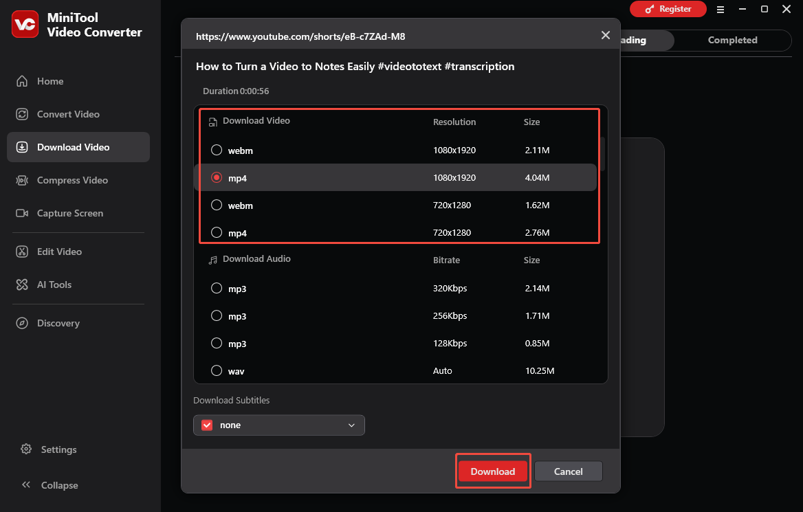 MiniTool Video Converter Download Video interface showing how to choose an output format and start downloading.