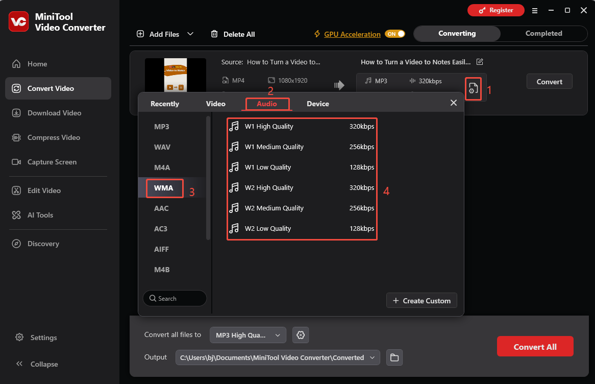 MiniTool Video Converter interface showing how to set the WMA as the output format.
