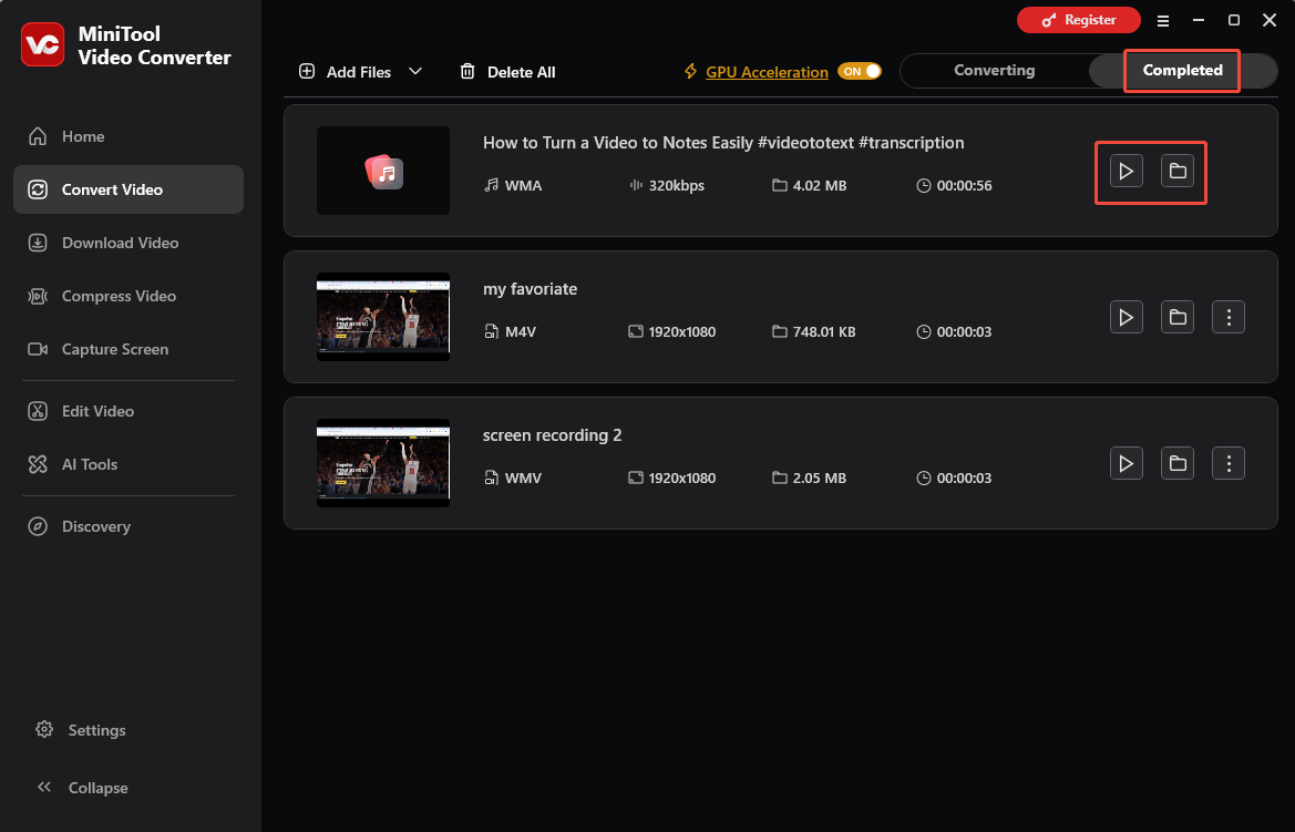 MiniTool Video Converter Convert Video interface with the Play and Folder icons selected under the Completed tab.