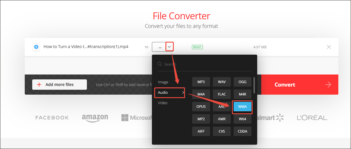 Convertio interface showing how to set the output format as WMA.