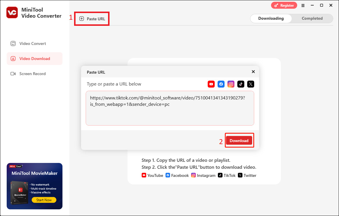 Paste the TikTok video URL in MiniTool Video Converter