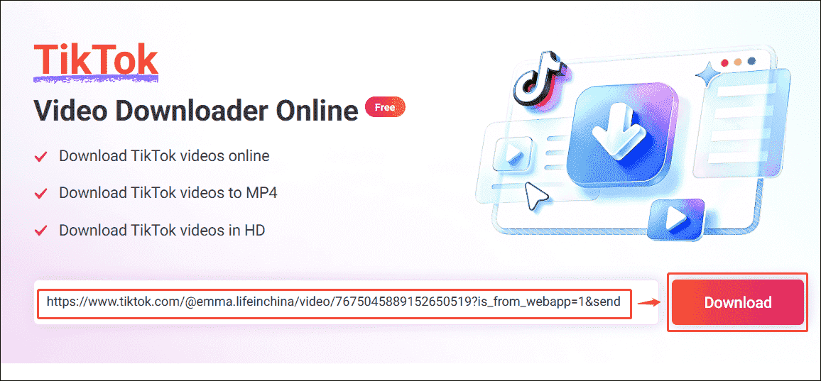 Online Video Downloader interface showing how to analyze the TikTok video link.