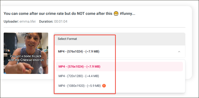 Online Video Downloader interface with the Select Format option expanded.